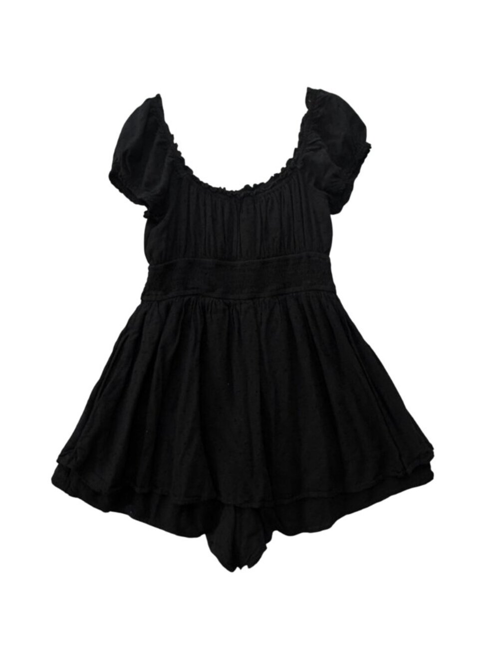 Hollister Women's Smocked Romper Size L Black Peasant Waist Puff Sleeve Lined - Picture 3 of 14